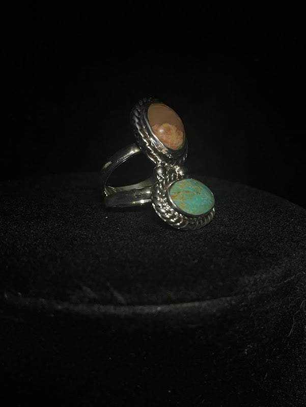Natural Cantera Fire Opal & Turquoise Sterling Silver 2 Gem Ring - Regul Silver