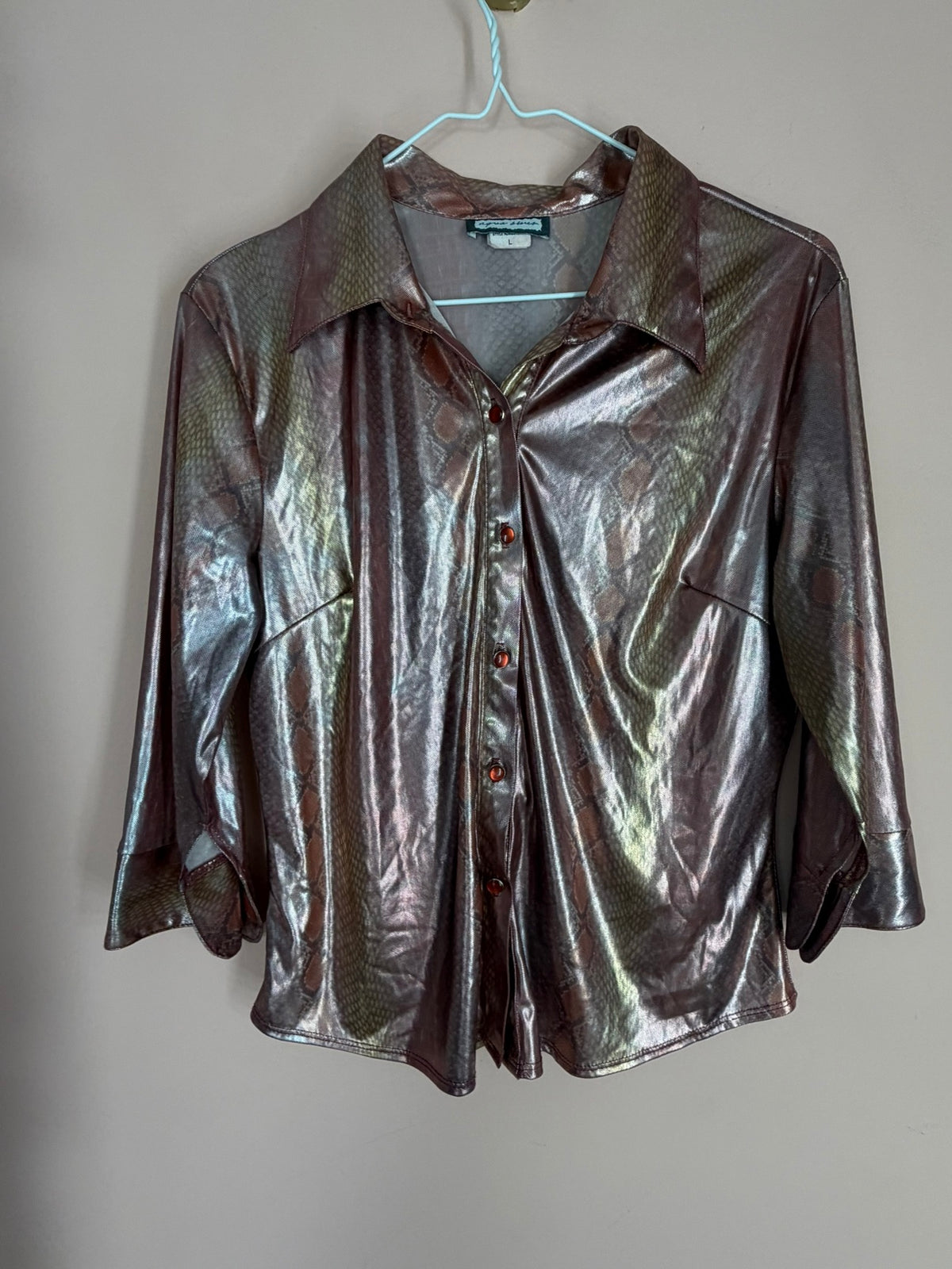 Aqua Blues metallic snakeskin blouse, front view