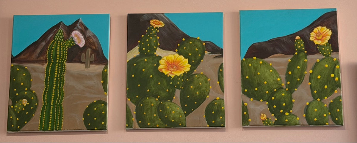 Desert Bloom triptych by Flying Greyhawk, three cactus panels hung together