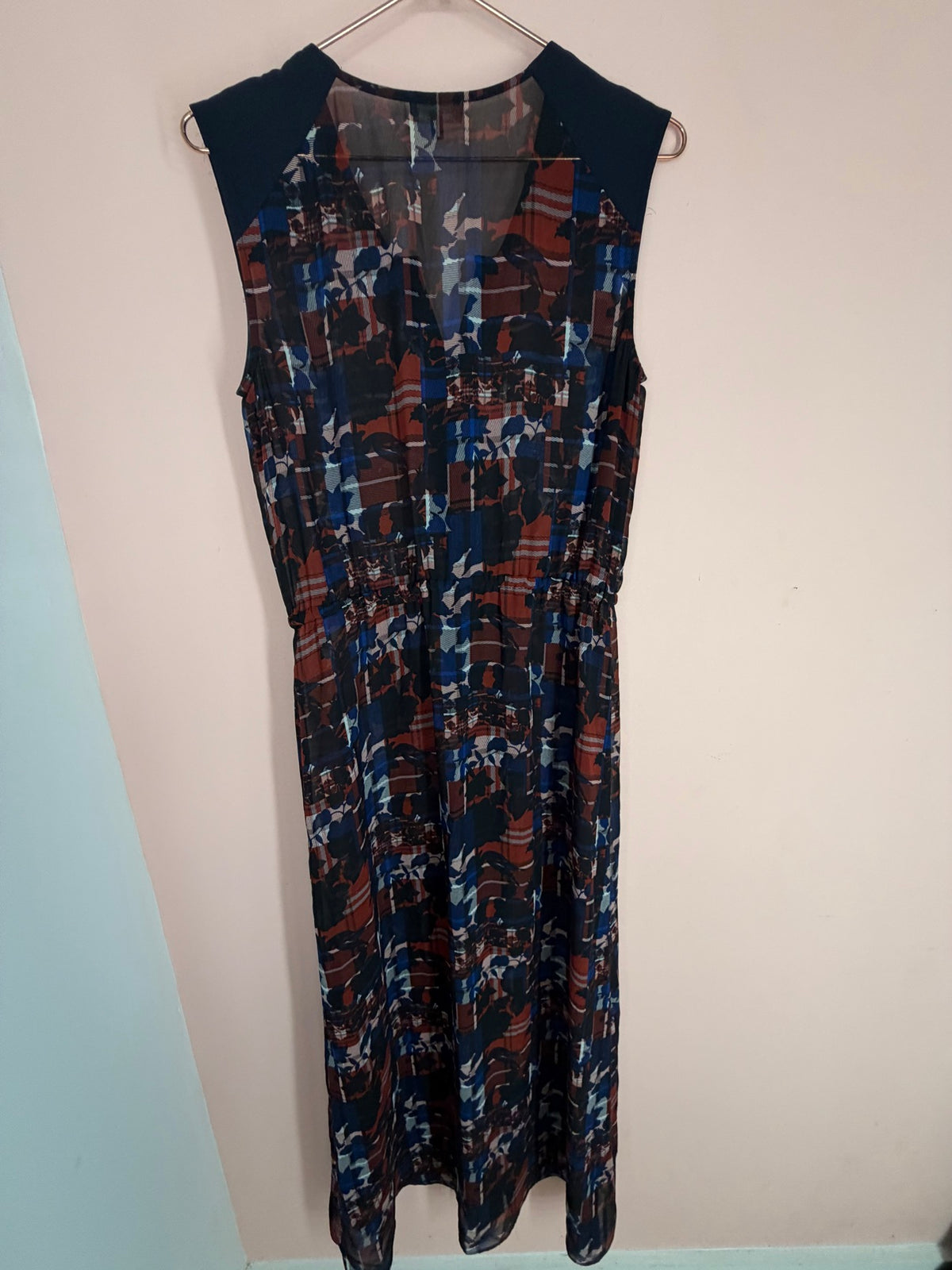 Vince Camuto abstract floral sleeveless dress in navy rust and blue, size XS, full front view