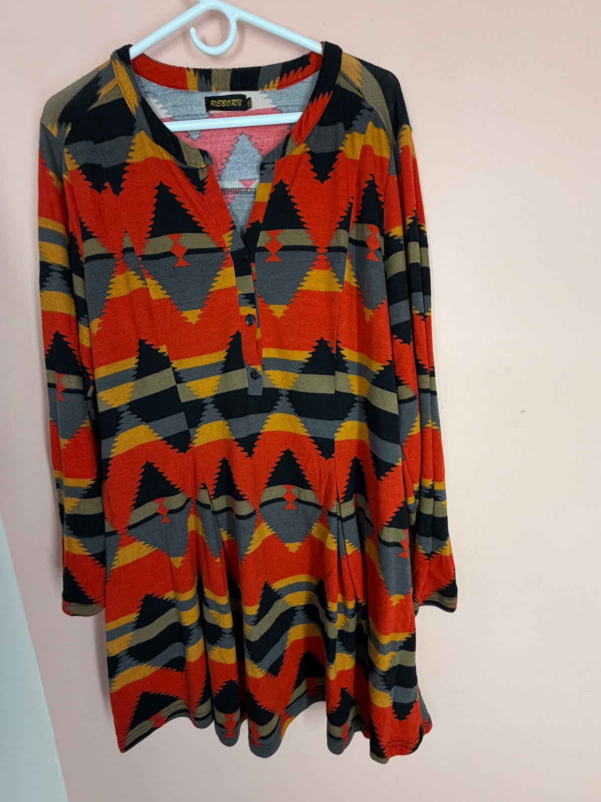 REBORN aztec print henley tunic, front view