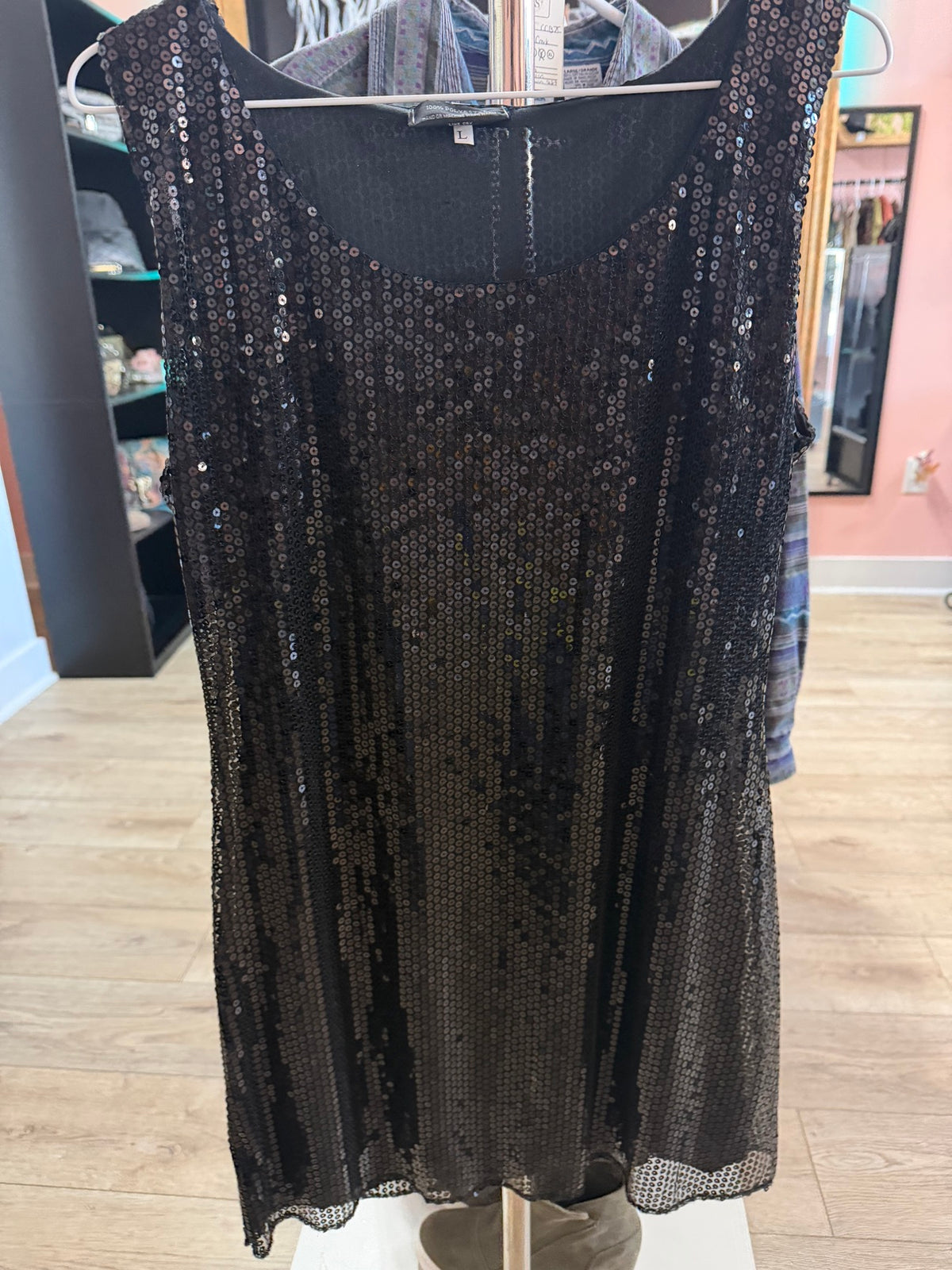 Black sequin sleeveless dress, alternate view