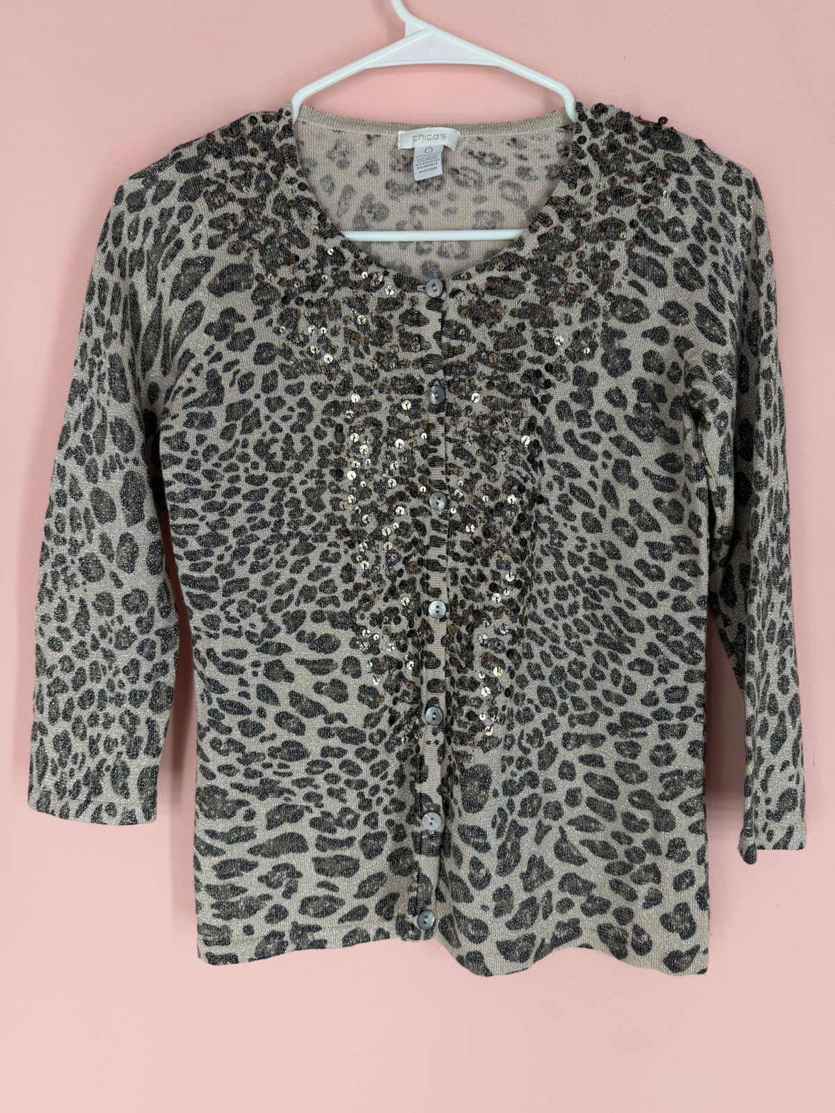 Chico's leopard print sequin cardigan, front view