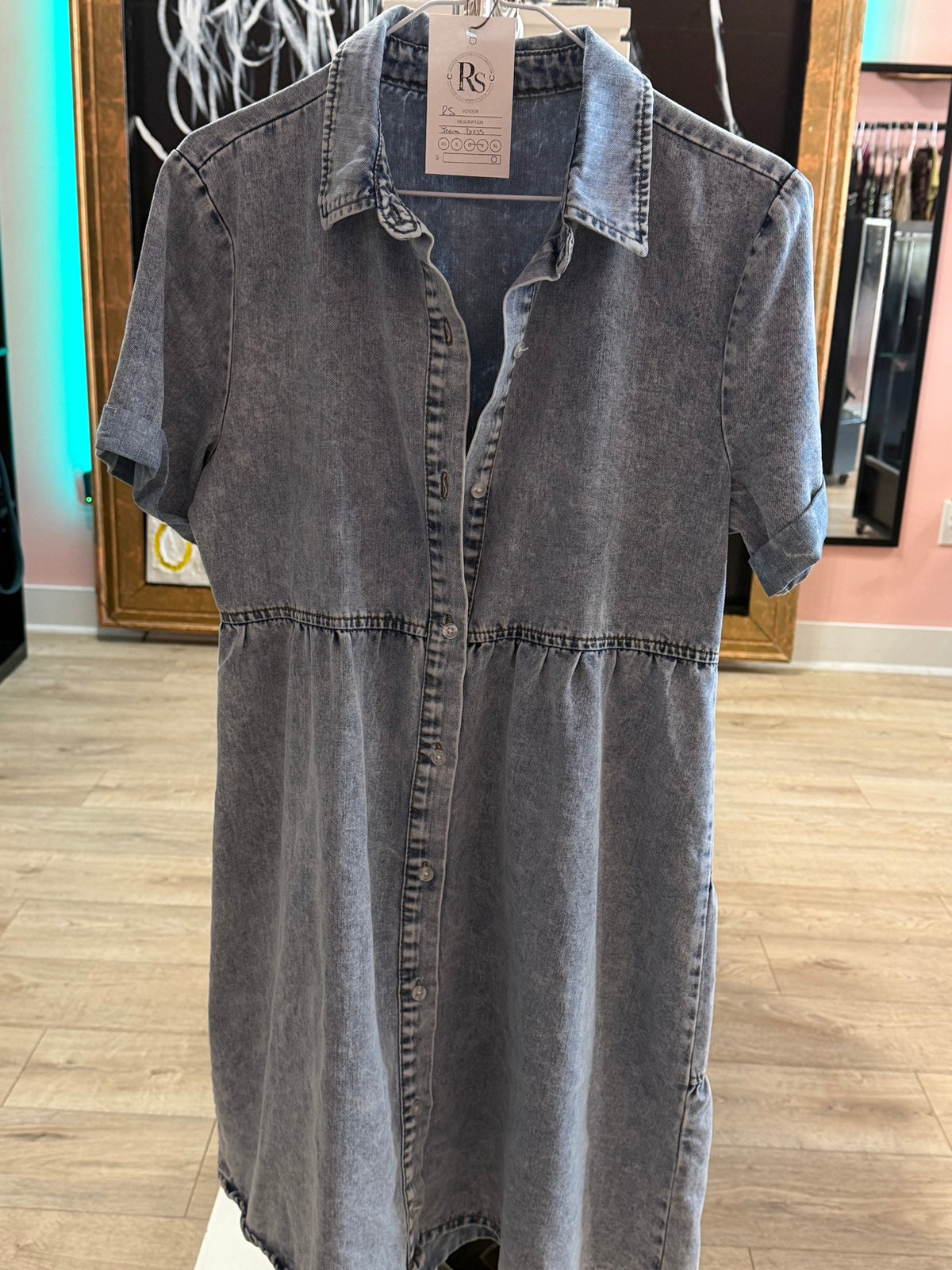 Washed Denim Babydoll Shirt Dress - front view