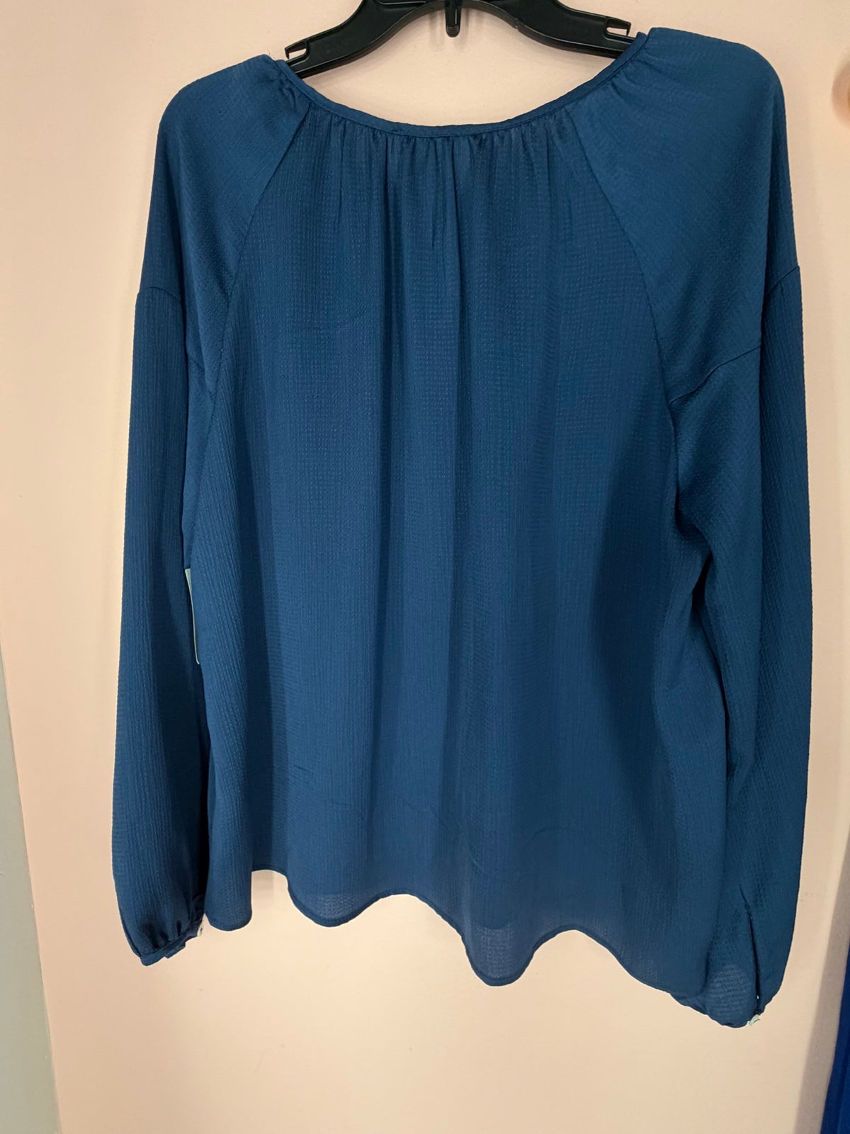 Vince Camuto deep teal crinkle blouse size L, back view with gathered neckline and flowy drape
