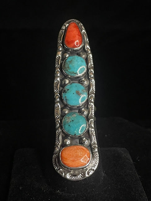 One Of A Kind Six Stone Turquoise And Spiny Oyster Ring | Real Turquoise