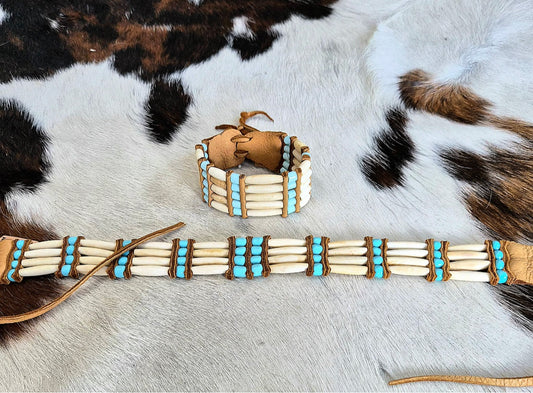 White bone hairpipe bracelet with matching choker by Southwest by Design on cowhide