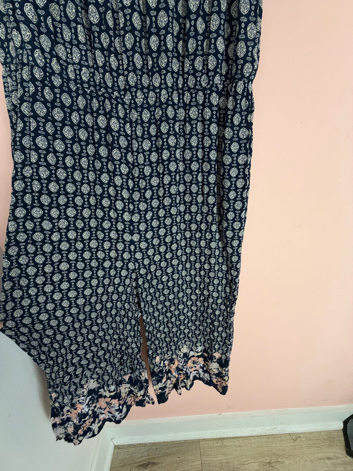 Xhilaration Navy Medallion Print Maxi Dress, Size L - skirt and floral hem close-up