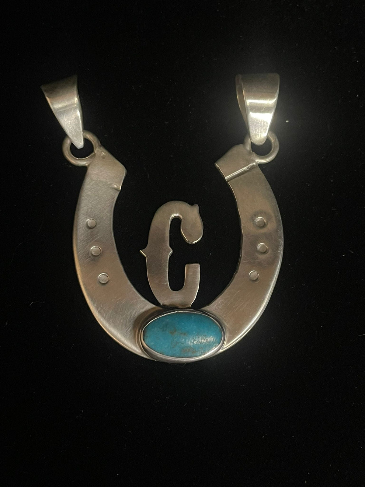 Sterling silver horseshoe initial pendant with genuine turquoise stone