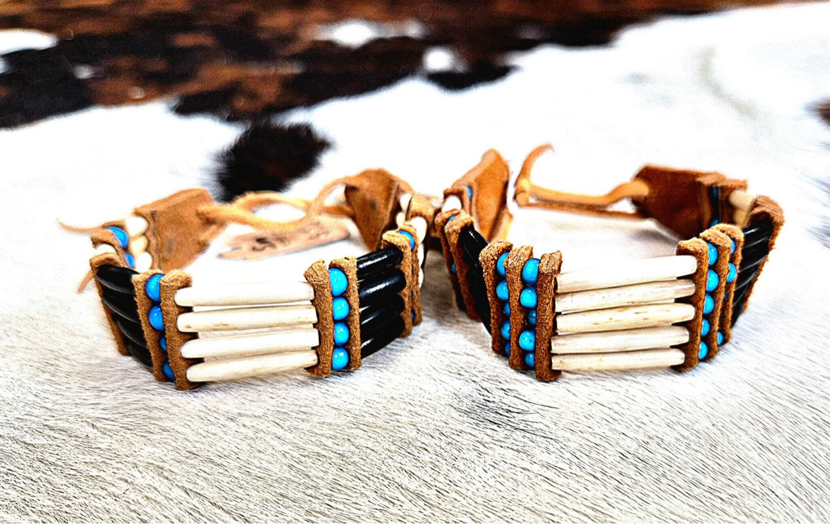 Bone hairpipe bracelets by Southwest by Design on cowhide - this listing is bracelet