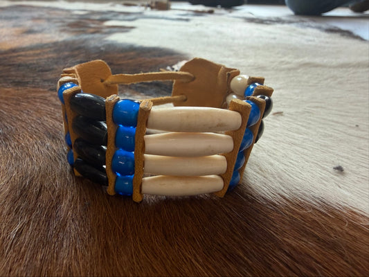 White and black bone hairpipe bracelet by Southwest by Design on cowhide