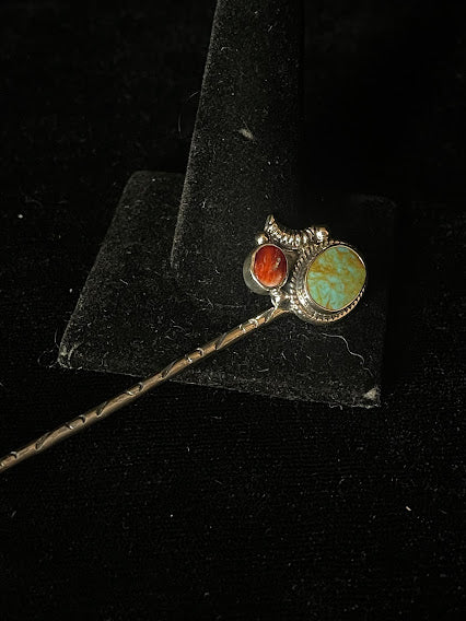 Hand-Made Sterling Silver Artisan Turquoise And Spiny Oyster Hat Pins - Regul Silver