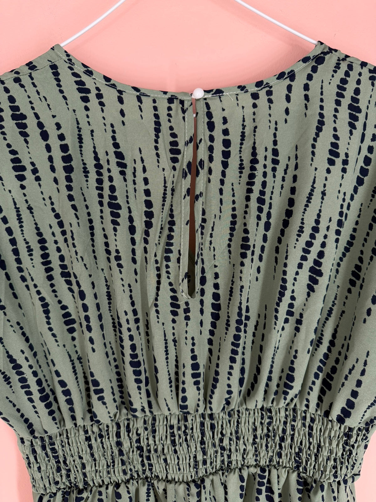 Sage Green Dotted Print V-Neck Midi Dress - back neck close-up