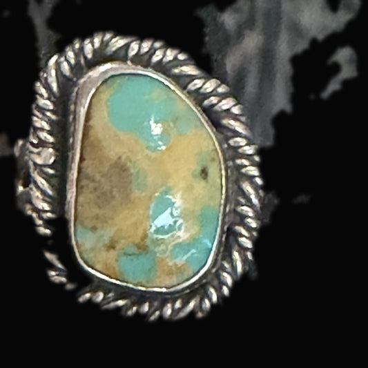 Genuine Turquoise Cushion Ring — large cushion stone swirled with golden-tan matrix and bright aqua patches