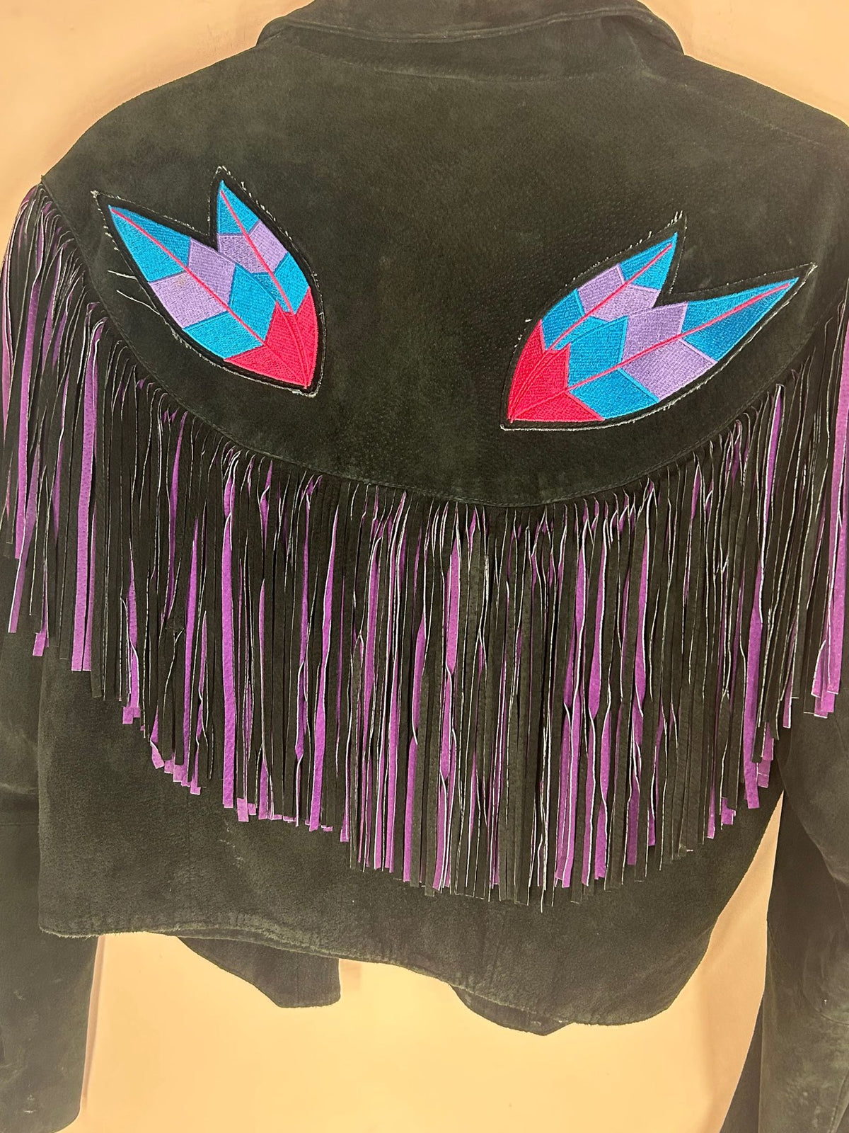 Detail view of suede Fringe Jacket for Women, Black with Geometric Appliqué, Adler