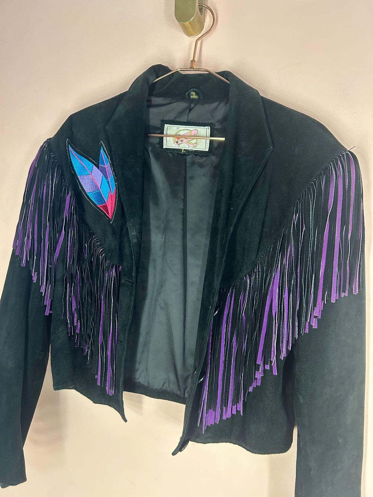 Front view of suede Fringe Jacket for Women, Black with Geometric Appliqué, Adler