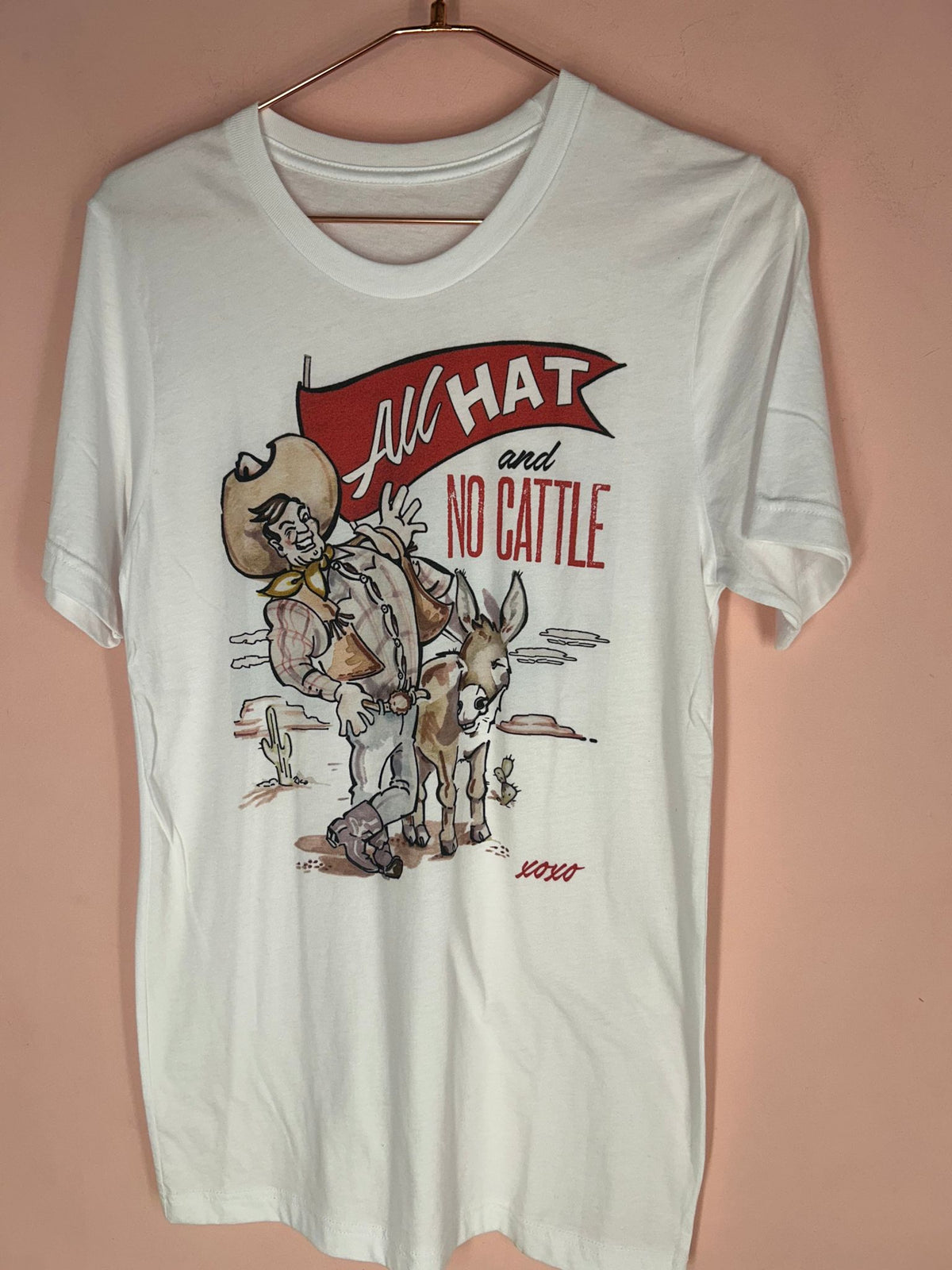 Front view of western Graphic Tee for Women, 'All Hat and No Cattle' Cartoon Cowboy