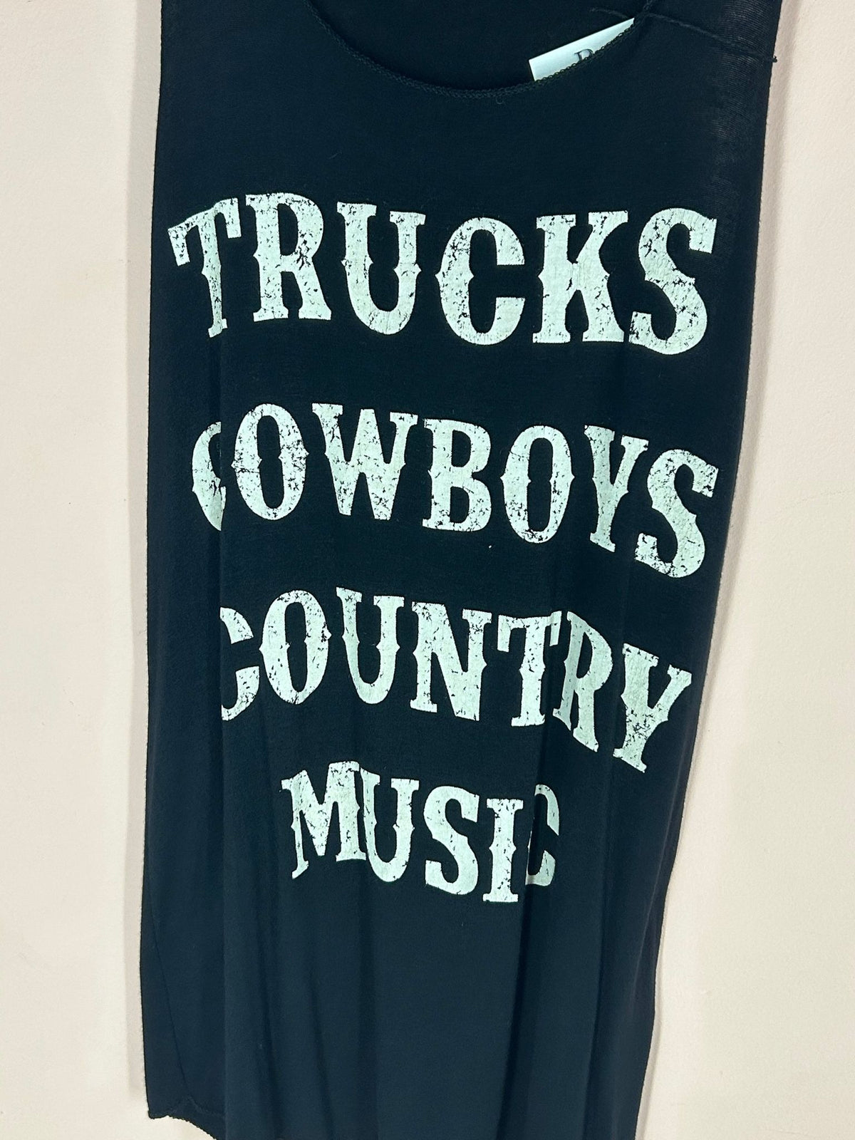 Back view of western Graphic Tank Top for Women, 'Trucks Cowboys Country Music' Racerback, Acting Pro