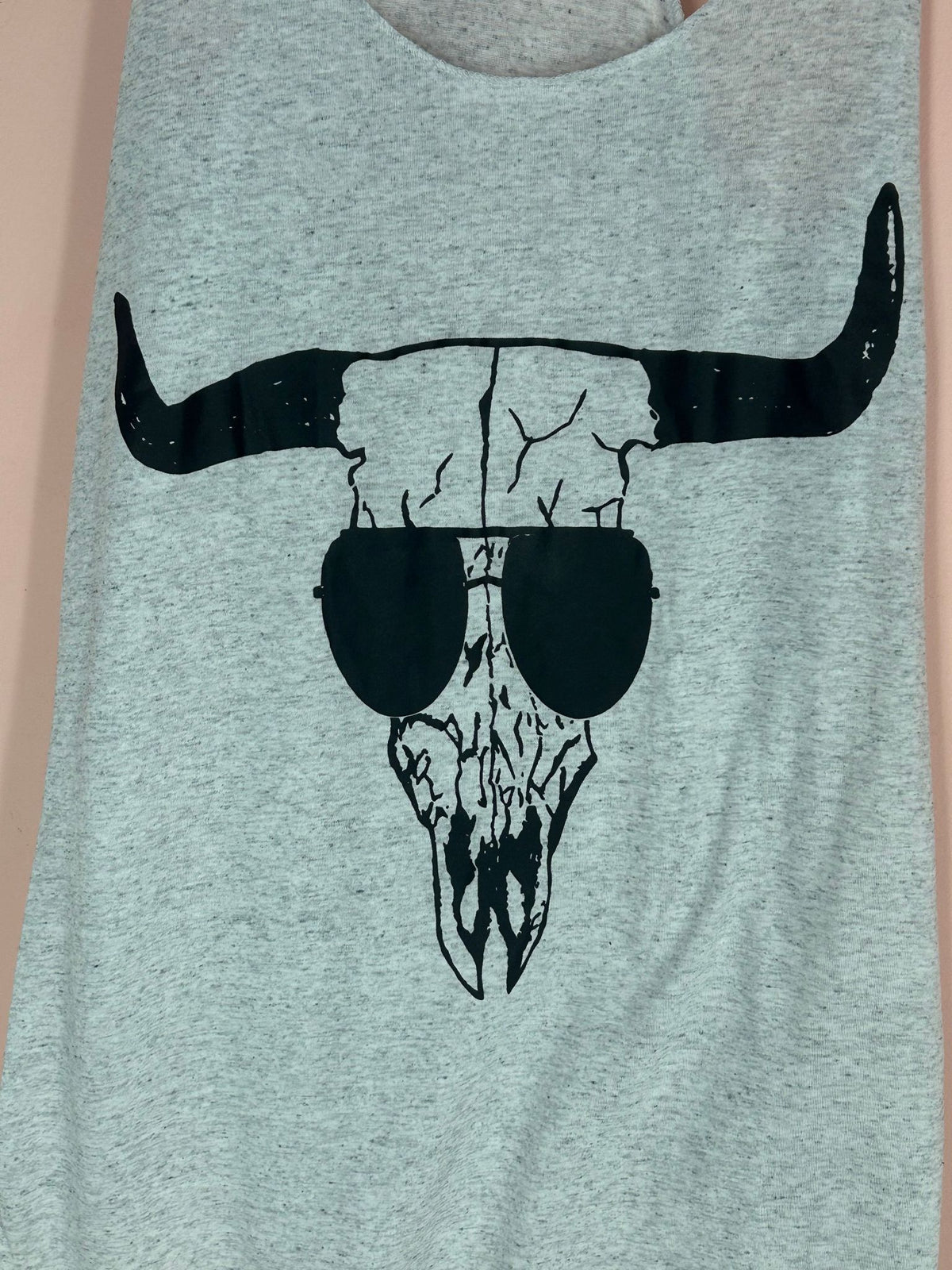 Back view of western Graphic Tank Top for Women, Steer Skull Sunglasses Racerback, Bella + Canvas