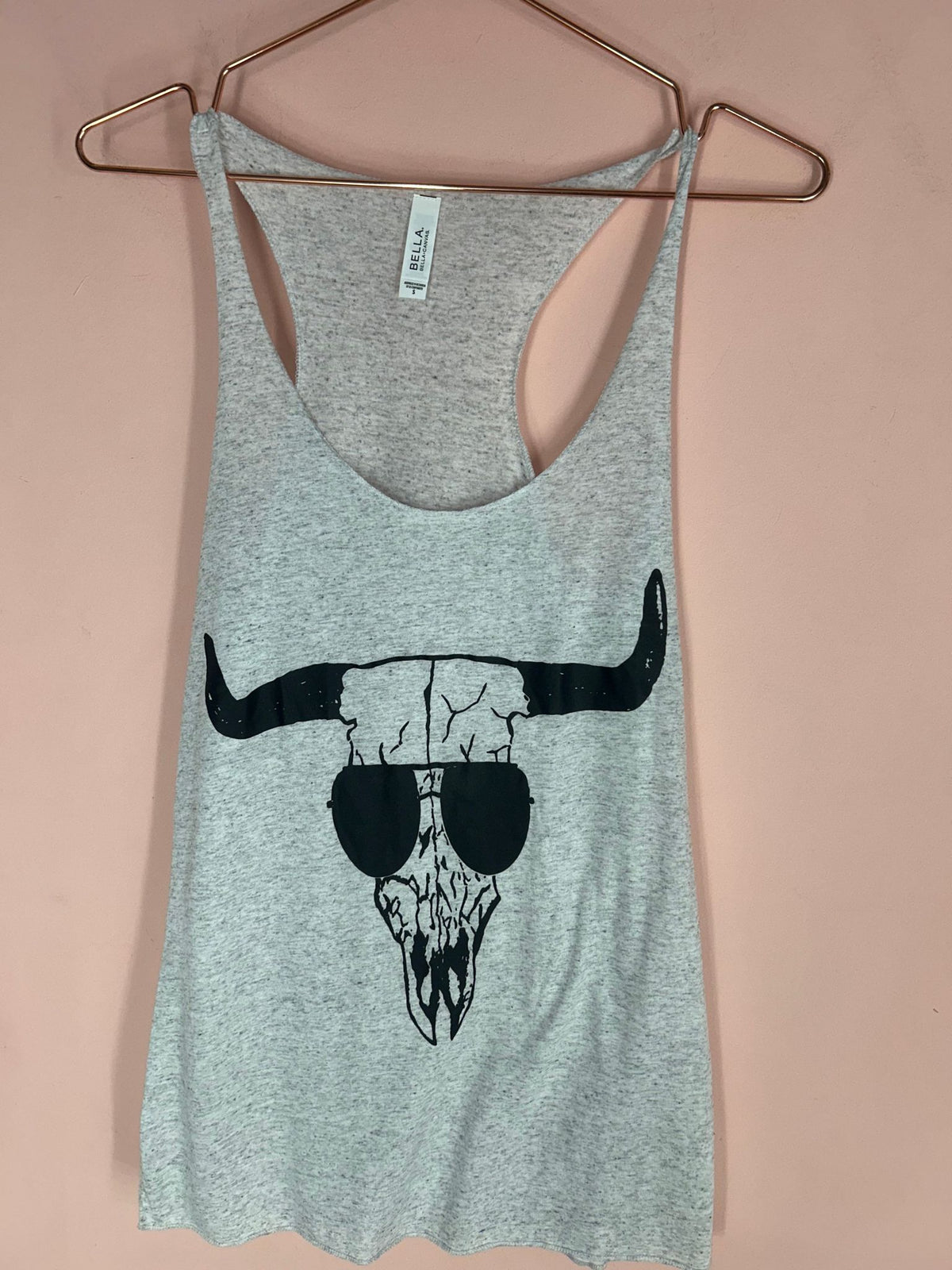 Back view of western Graphic Tank Top for Women, Steer Skull Sunglasses Racerback, Bella + Canvas