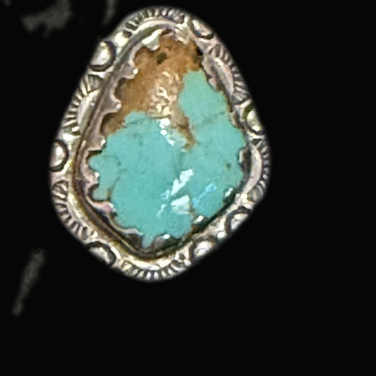 Genuine Turquoise Freeform Ring — rounded freeform stone with a golden-brown sunspot over bright blue