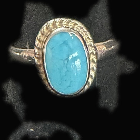 Genuine Turquoise Oval Ring — small oval of bright, clean bluebird-blue turquoise