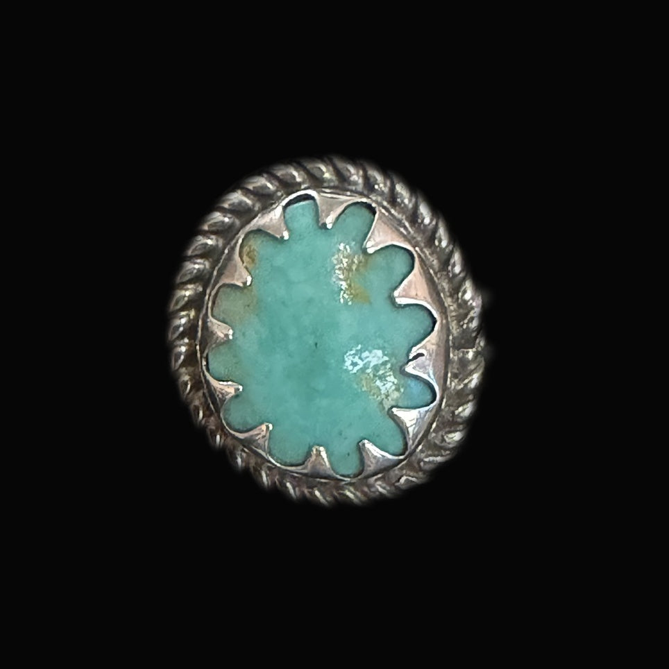 Genuine Turquoise Oval Ring — small teal oval with a touch of golden matrix along its crown