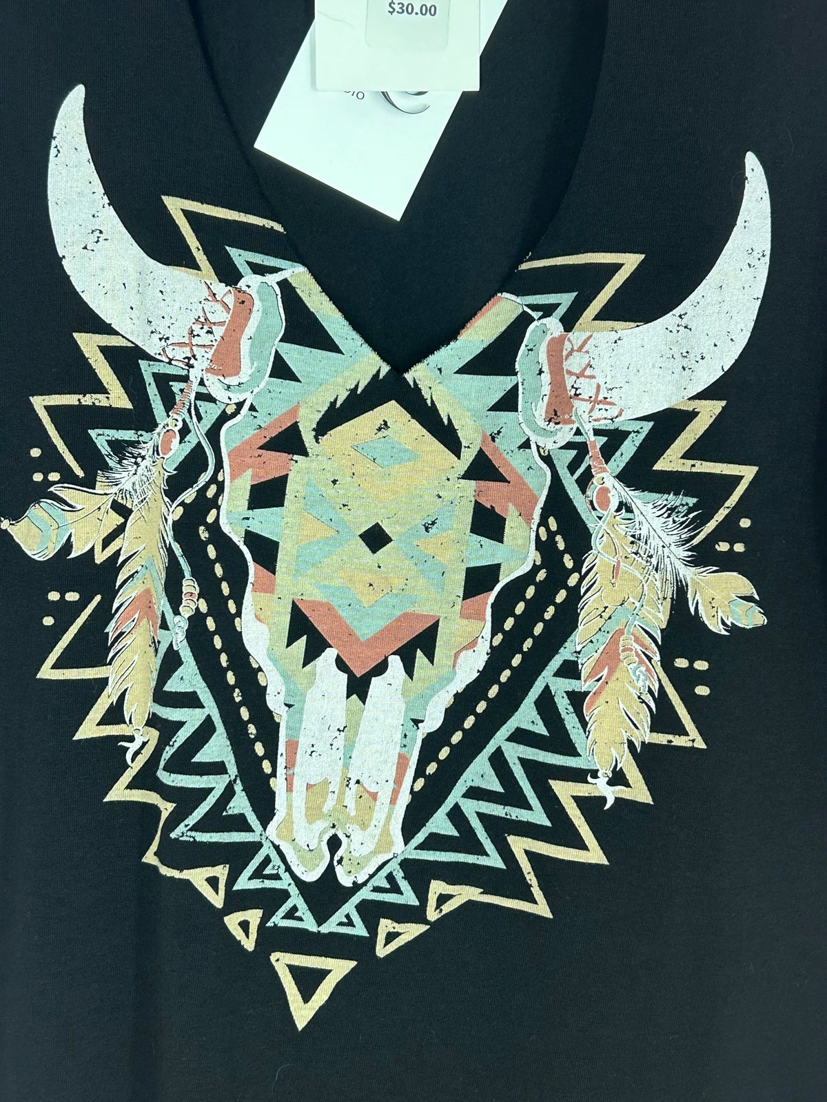 Detail view of western Graphic Tank Top for Women, Aztec Steer Skull Muscle Tank, Color Bear