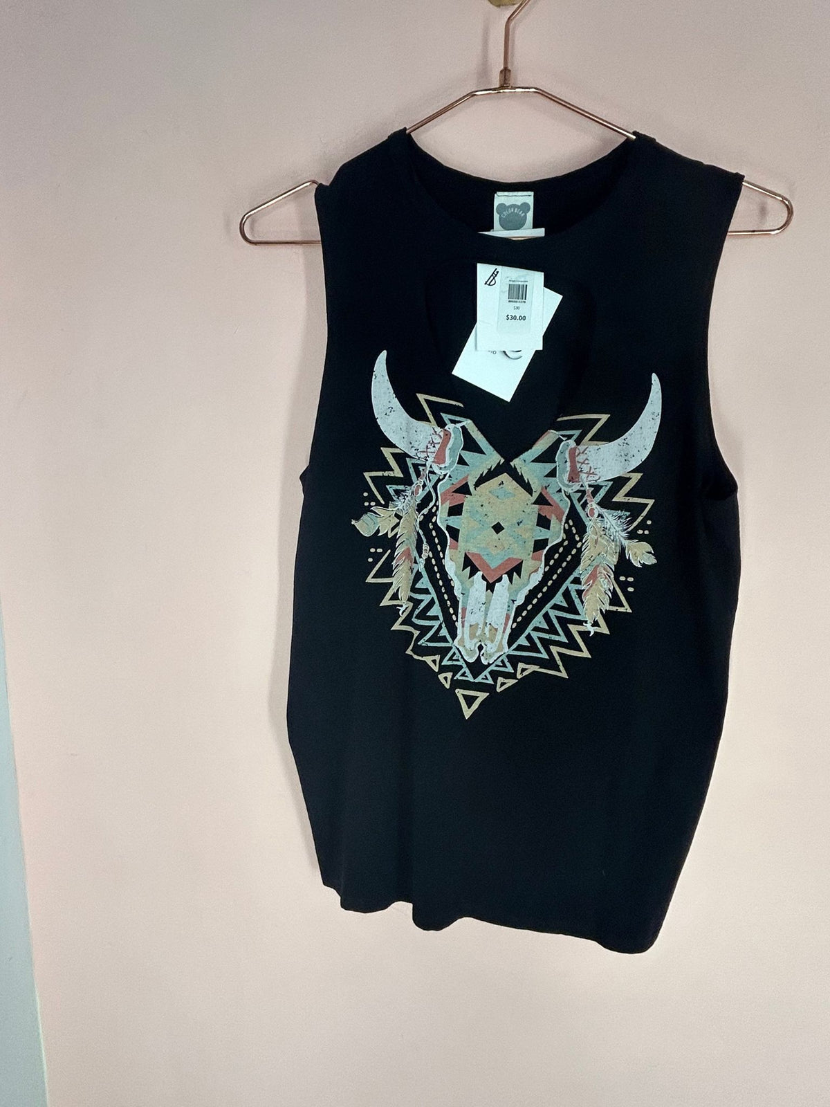Front view of western Graphic Tank Top for Women, Aztec Steer Skull Muscle Tank, Color Bear