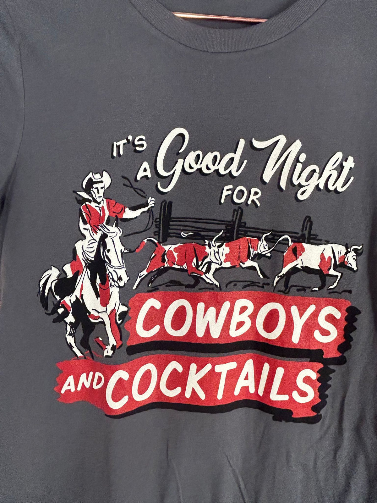 Detail view of western Graphic Tee for Women, 'Cowboys and Cocktails'
