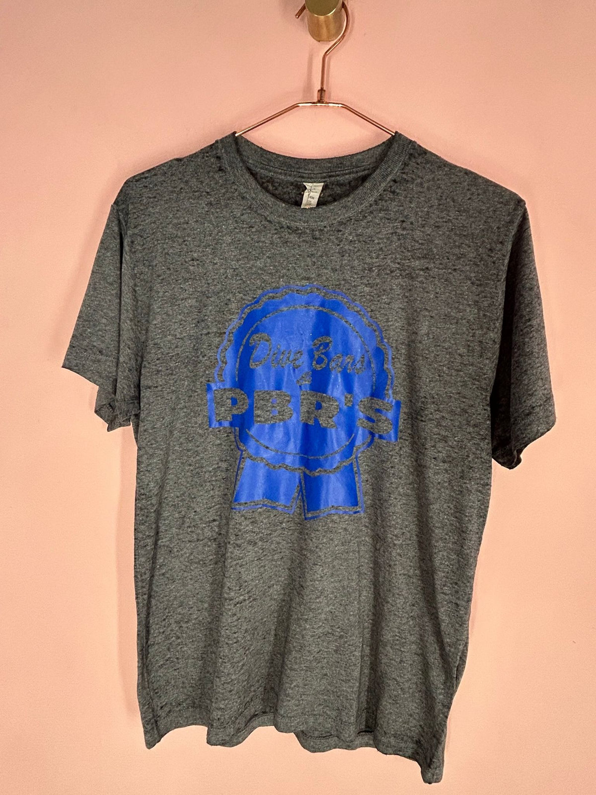Front view of charcoal Graphic Tee for Women, 'Dive Bars & PBR's' Blue Ribbon