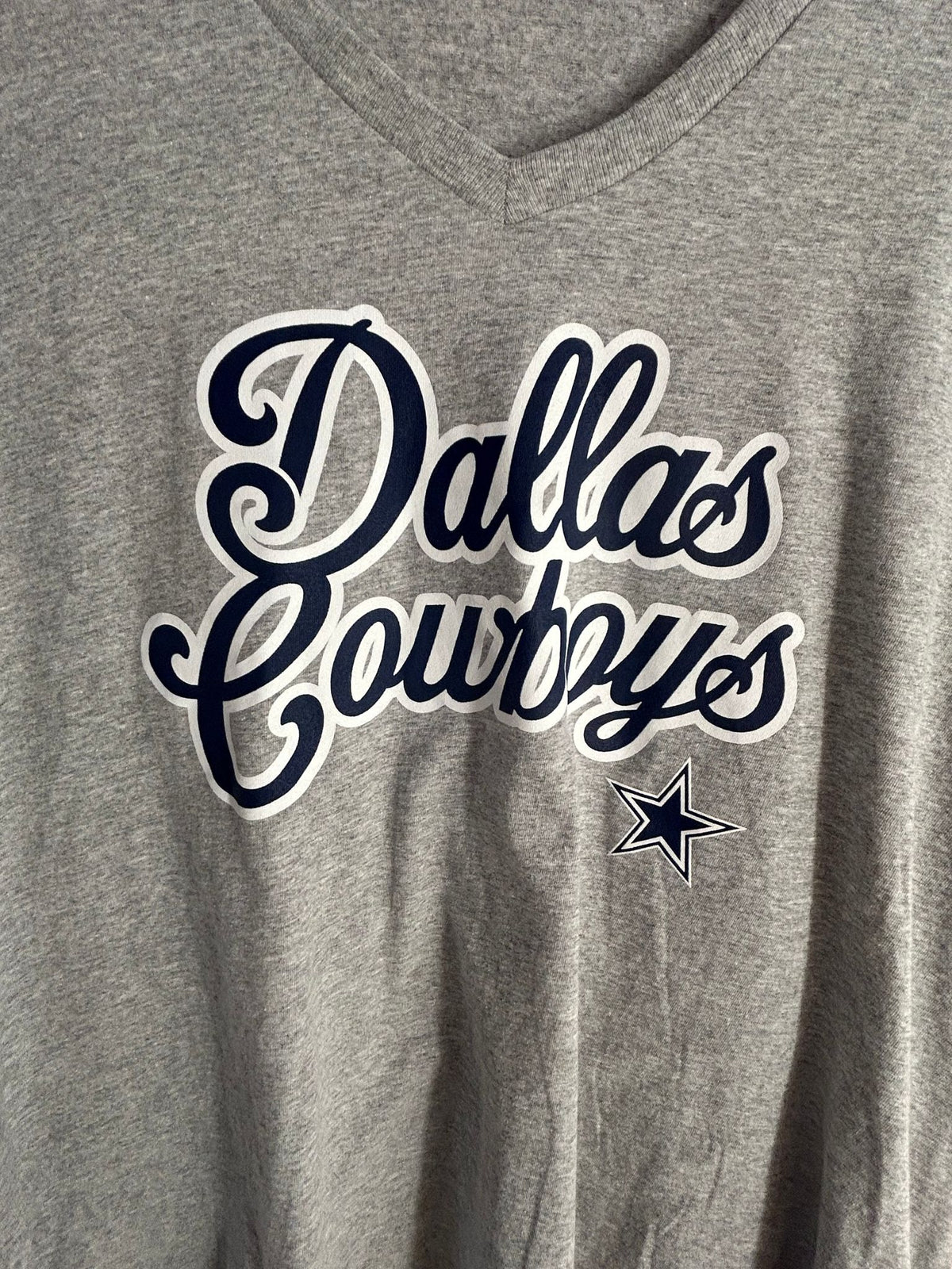 Detail view of v-Neck Fan Tee for Women, Heather Gray, Dallas Cowboys