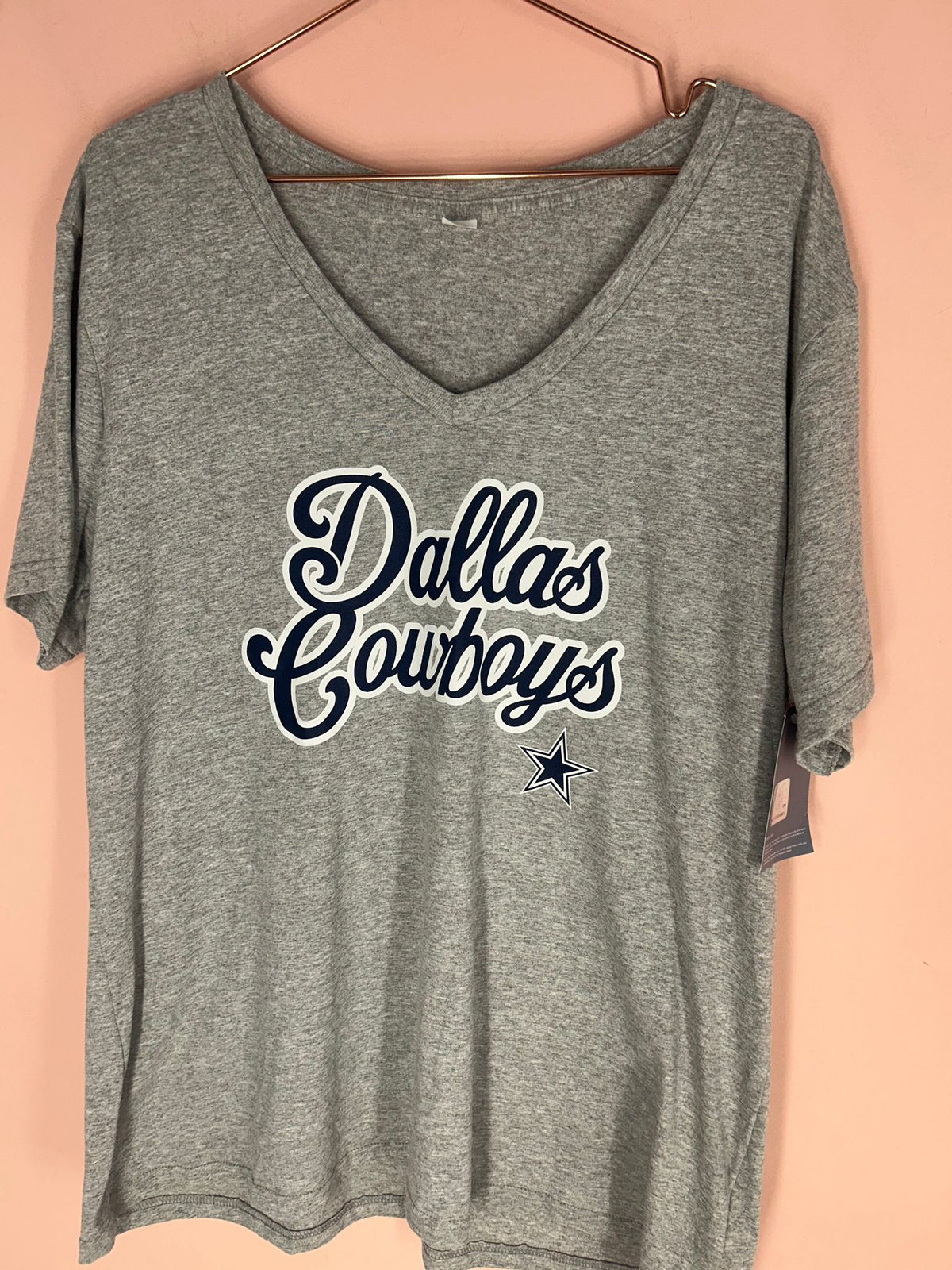 Front view of v-Neck Fan Tee for Women, Heather Gray, Dallas Cowboys