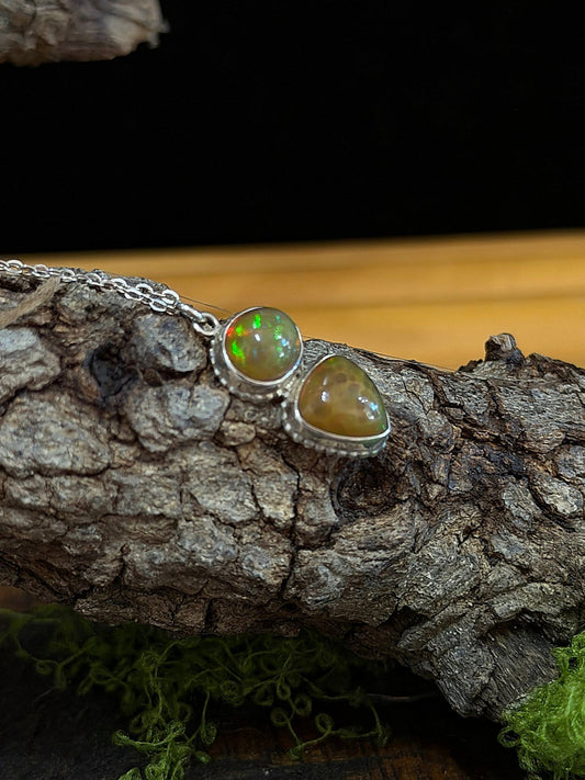 Front view of DM13 Ethiopian Opal Two-Stone Pendant Necklace