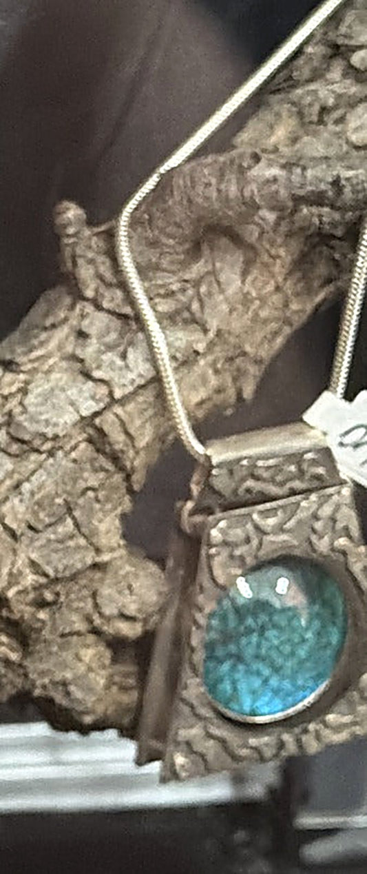 Front view of DM35 Hand-Painted Teal Glass Cabochon Pendant Necklace