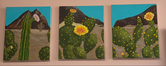 Front view of desert Bloom Triptych — Original Acrylic Painting Set by Flying Greyhawk