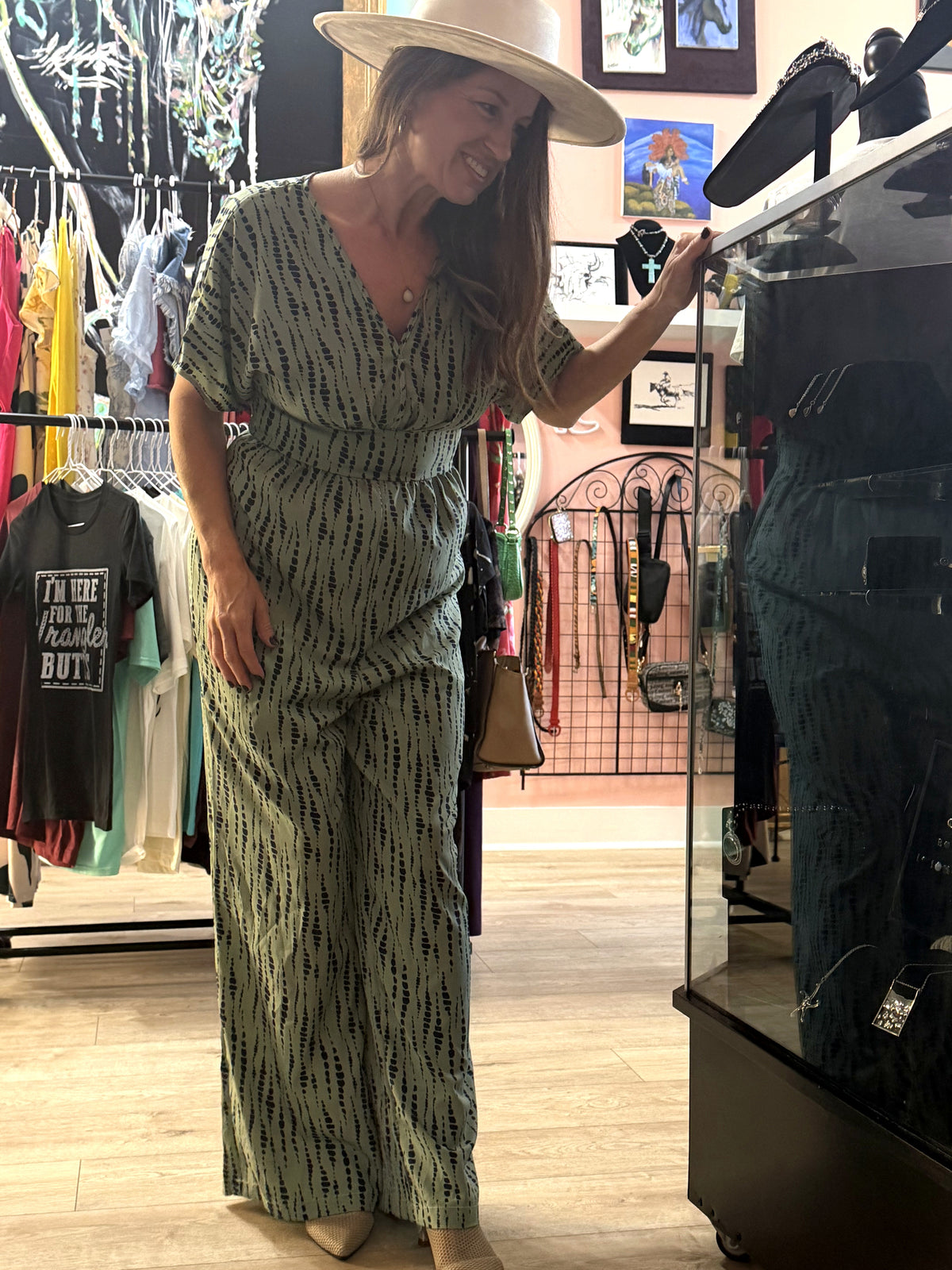 Sage green dotted print V-neck pantsuit, second worn view