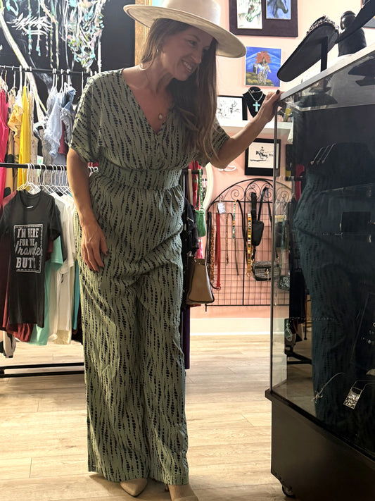 Sage green dotted print V-neck pantsuit, second worn view