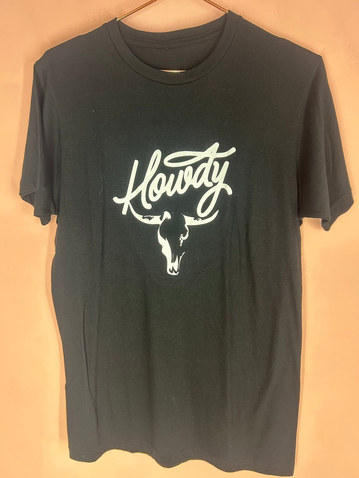 Front view of western Graphic Tee for Women, 'Howdy' Longhorn Skull