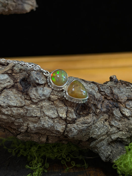 Elegant Opal Two Stone Pendant Necklace - Regul Silver