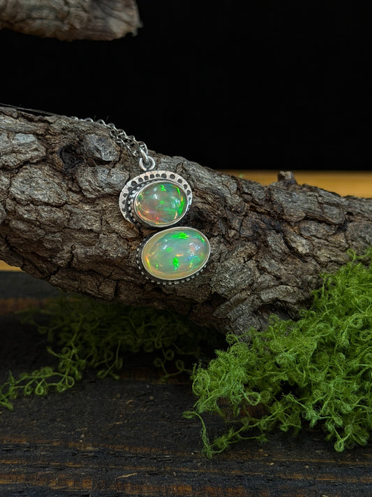 Genuine Opal Double Stone Necklace - Regul Silver