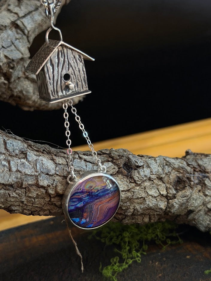 Sterling Silver Birdhouse Necklace Hand Painted Glass Cabachone