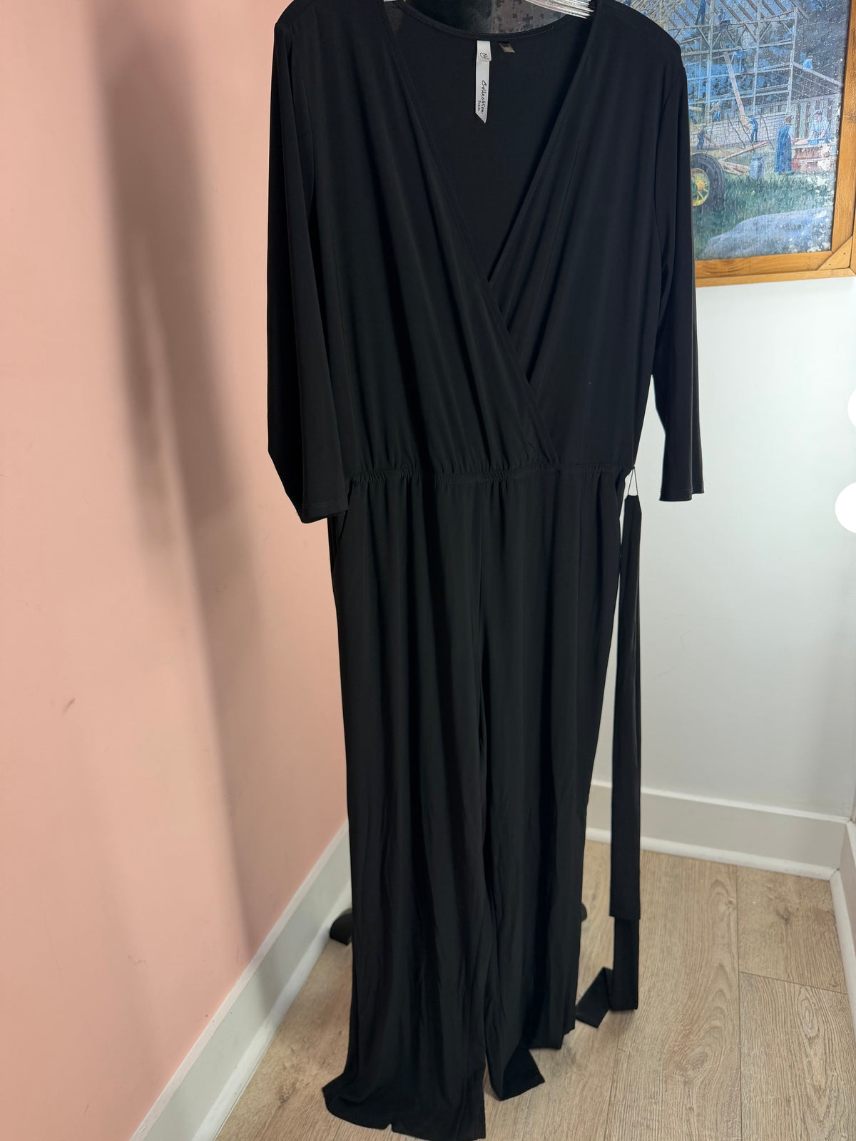 NY Collection Petite black long-sleeve surplice wrap maxi dress with tie belt, front view