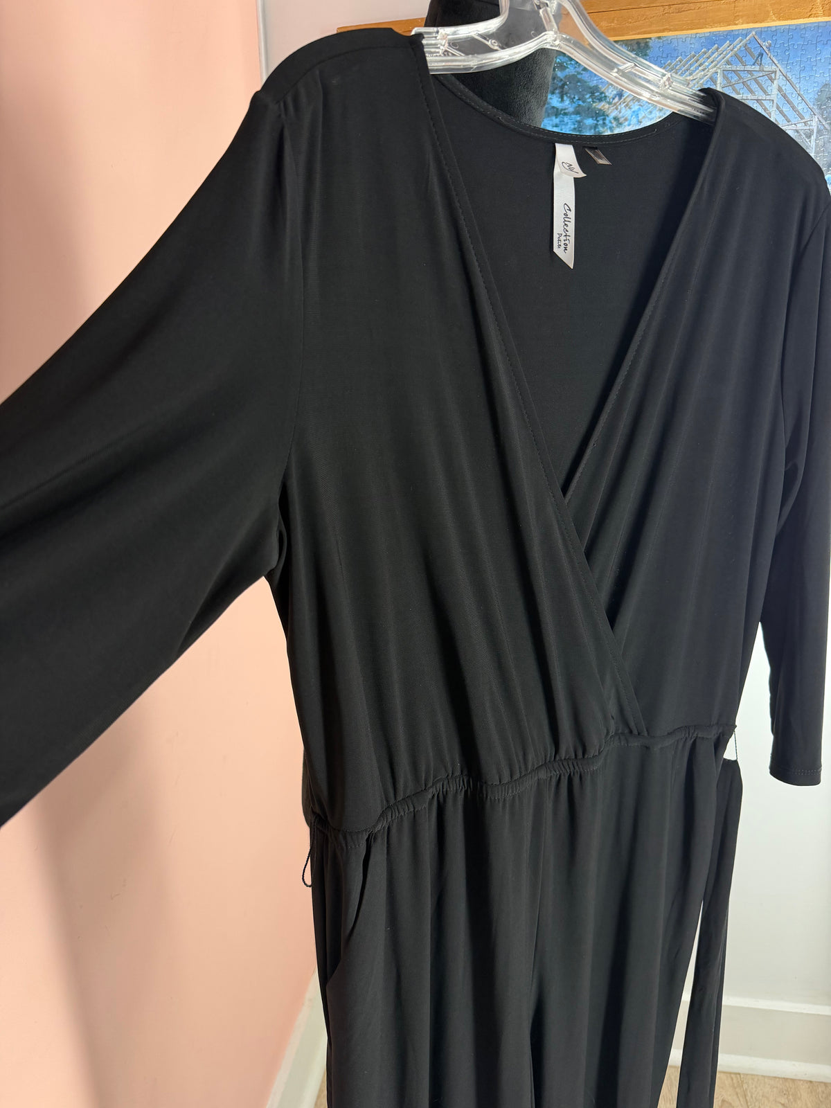 NY Collection Petite black wrap maxi dress, closer front view