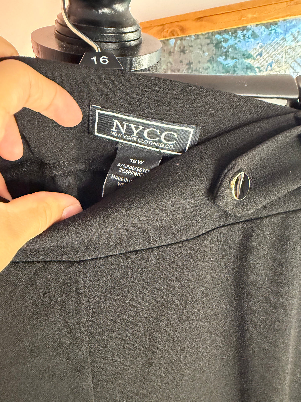 NYCC New York Clothing Co. label close-up, size 16W, 97 percent polyester 3 percent spandex