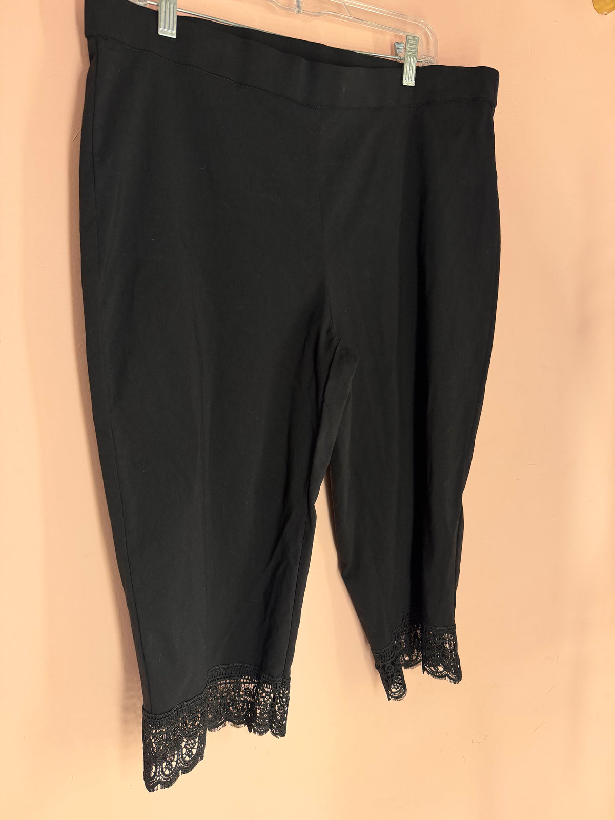 Real Size black capri leggings with lace ankle hems, front view