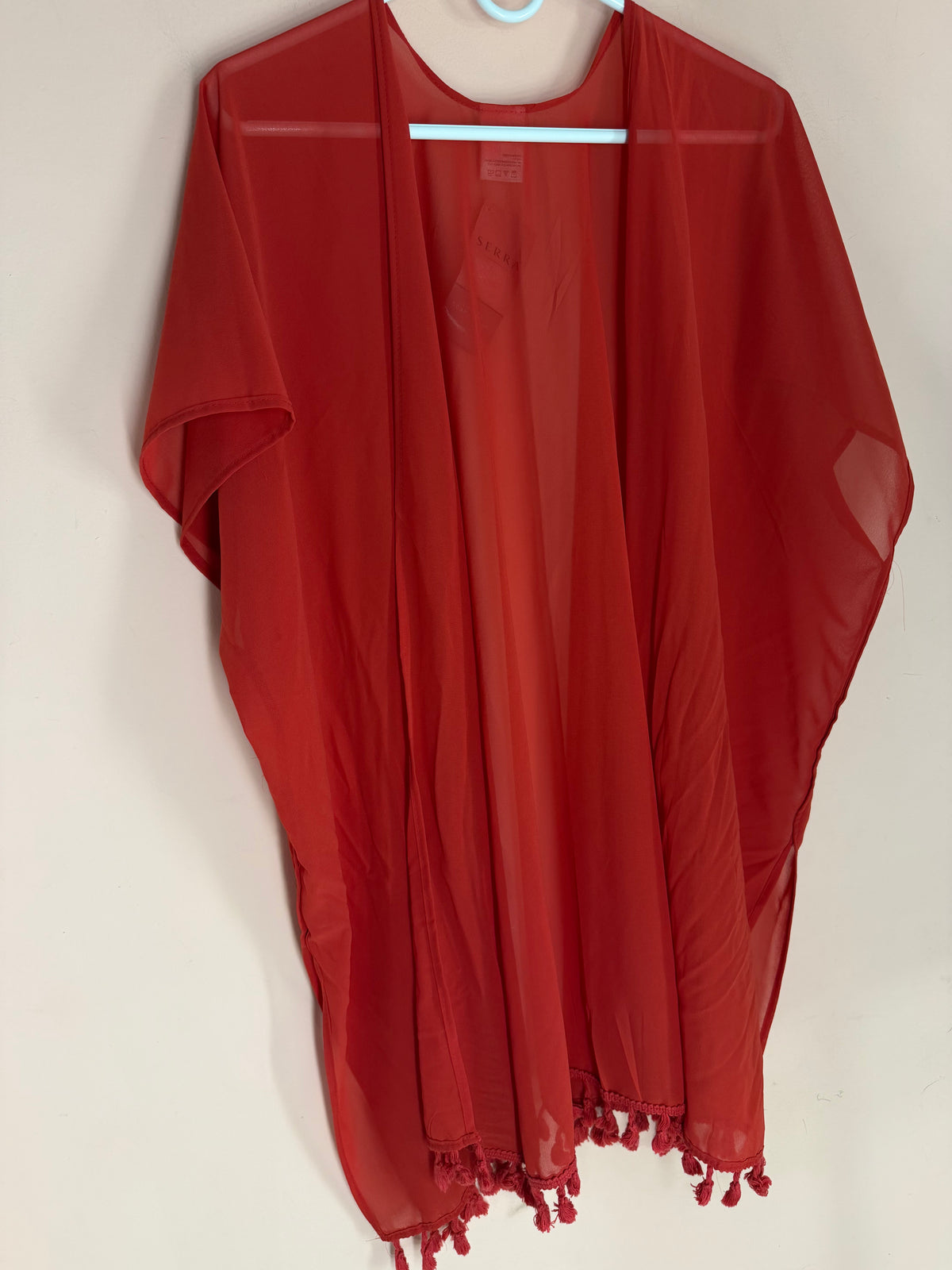 Serra rust red sheer kimono scarf wrap with tassel hem, front view