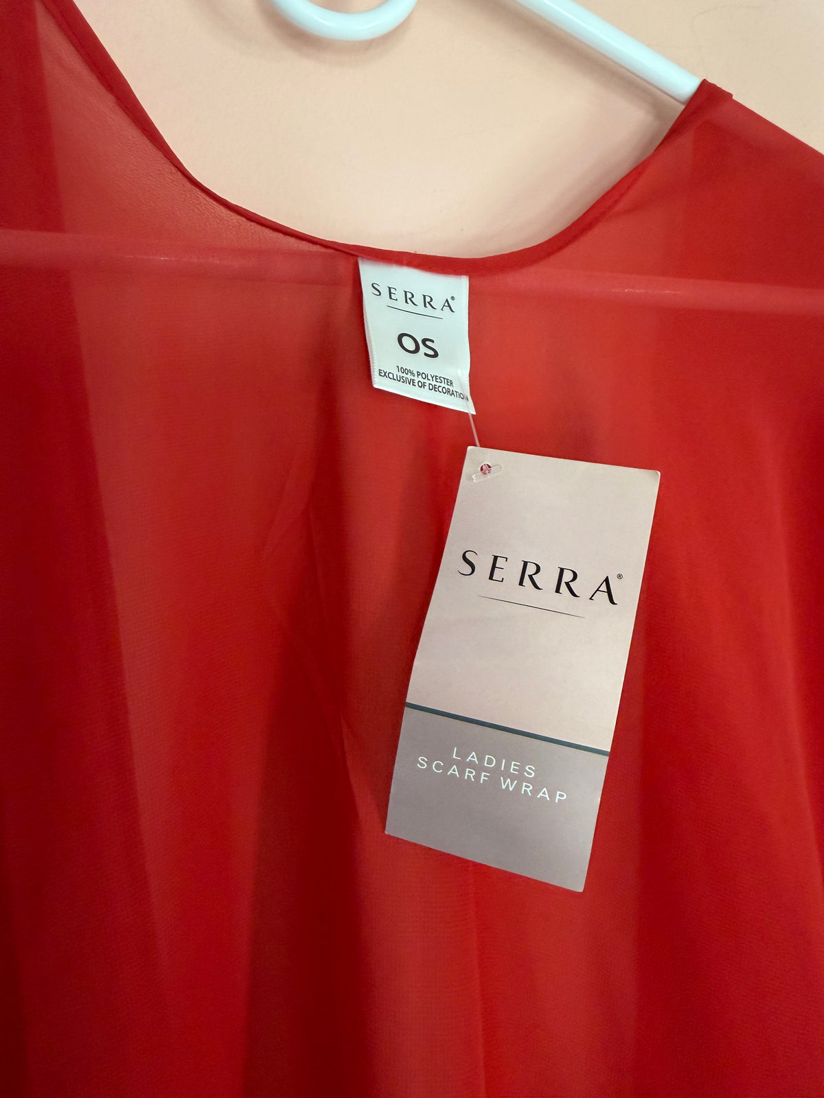 Serra Ladies Scarf Wrap hang tag close-up, one size, 100 percent polyester