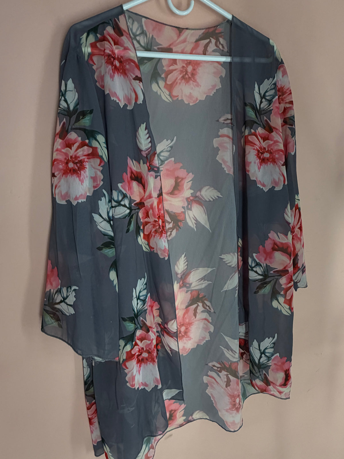 Charcoal grey sheer kimono cardigan with large pink peony print, front view