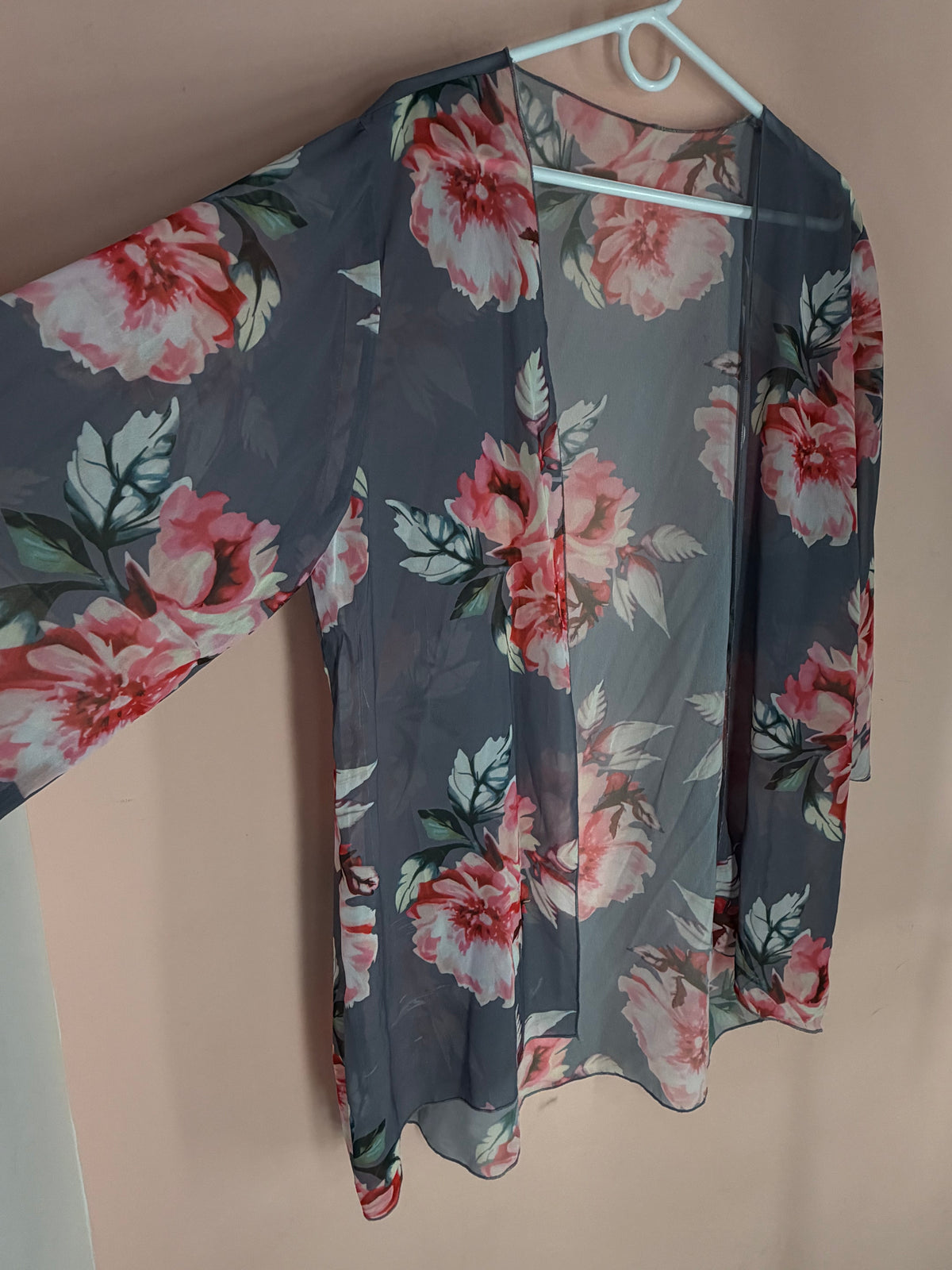 Charcoal grey floral sheer kimono, angle view with sleeve spread